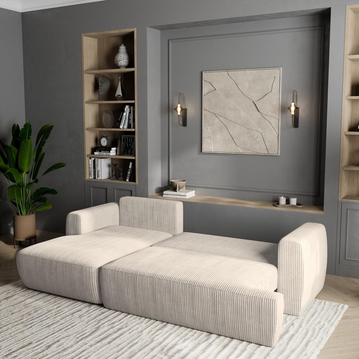 ECKSOFA SENTI P L-S Creme Kordstoff mit Schlaffunktion - Creme/Schwarz, Holz/Kunststoff (246/148cm) - MASSENO