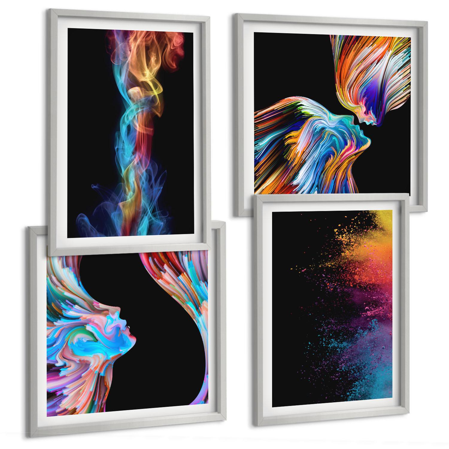 BILDER SET 4er Set - 50x50 cm & 40x60 cm Silberner Rahmen - Farbenfrohe Abstraktionen, Gesichter, Formen - Silberfarben, Kunststoff (50/50cm) - TULUP
