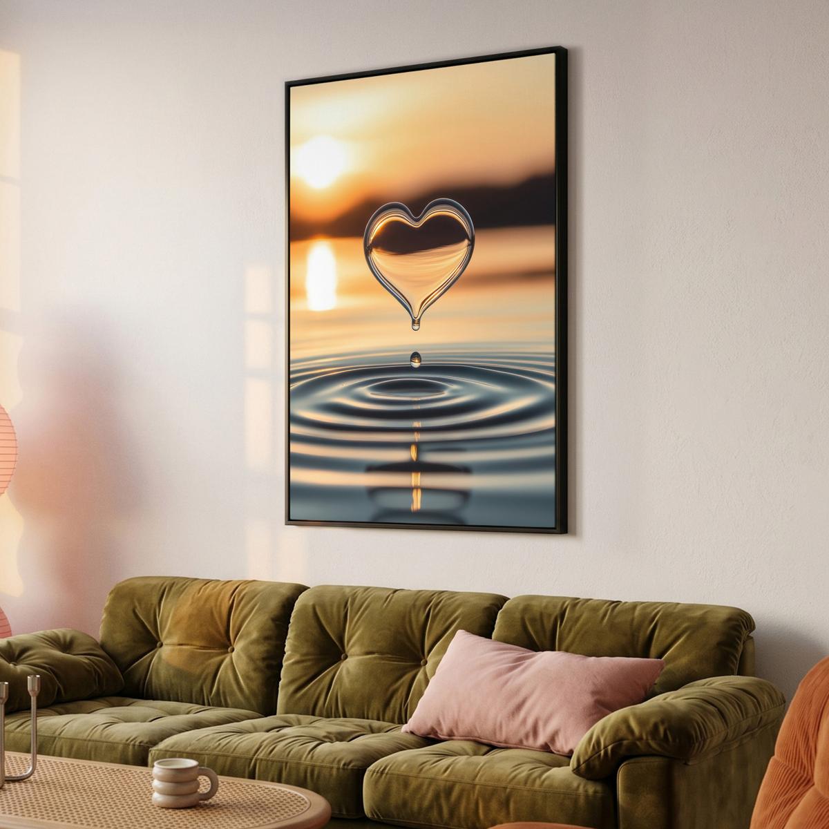 LEINWAND Bilder mit Rahmen - Herz - Wasser - Sonnenuntergang - Natur - Zen - 100x150 - Bernsteinfarben, Textil (100/150cm) - MuchoWow