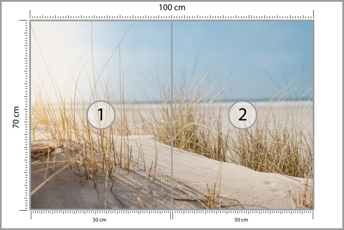 FOTOTAPETE für Schlafzimmer Dünen Sandstrand Gras Meerblick 100x70 - Blau/Gelb, Papier (100/70cm) - Muralo