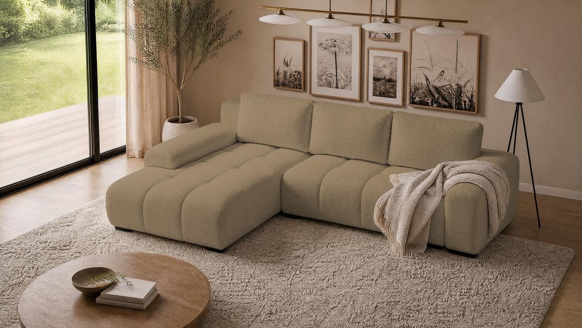 ECKSOFA Ovia mit Bettkasten und Schlaffunktion, Bouclé-Stoff in L-Form - Cappuccino, Textil (270/185cm)