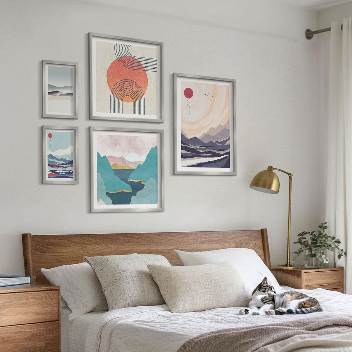 BILDER SET 5er Set - 50x50 cm & 20x30 cm & 40x60 cm Silberner Rahmen - Farbenfrohe Muster der Japandi-Flussberge - Silberfarben, Kunststoff (40/60cm) - TULUP