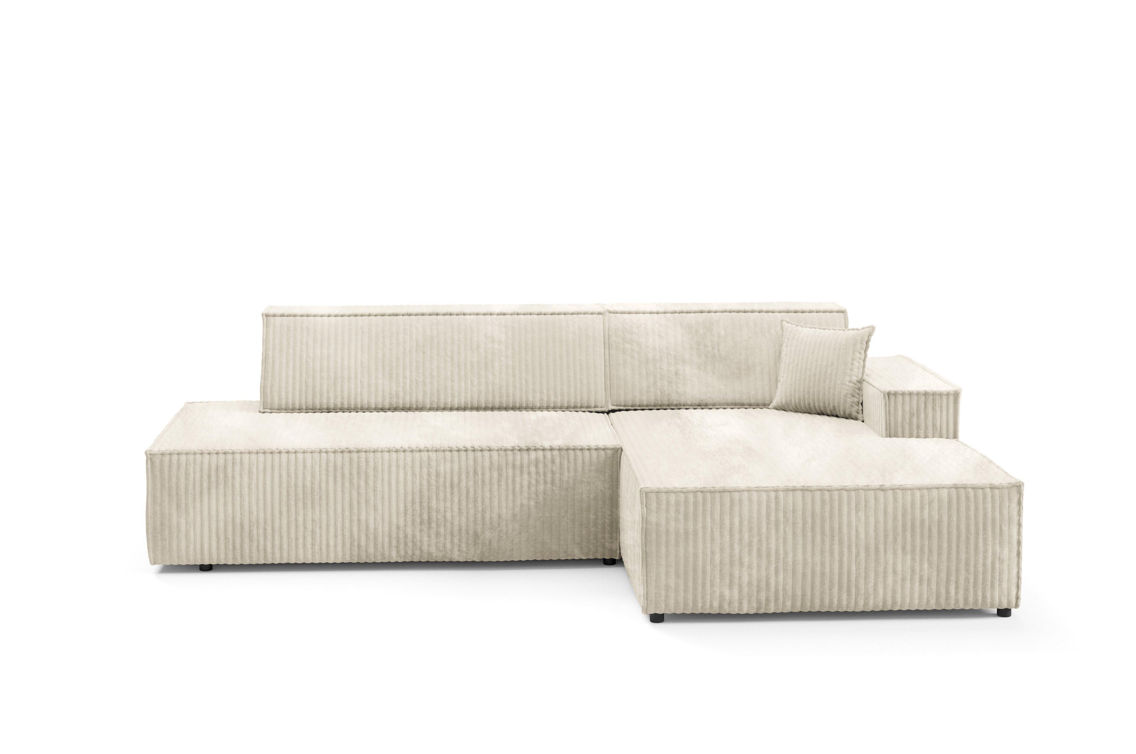 ECKSOFA TESSO R-S Creme Kordstoff mit Schlaffunktion - Champagner, Holz (247/170cm) - MASSENO