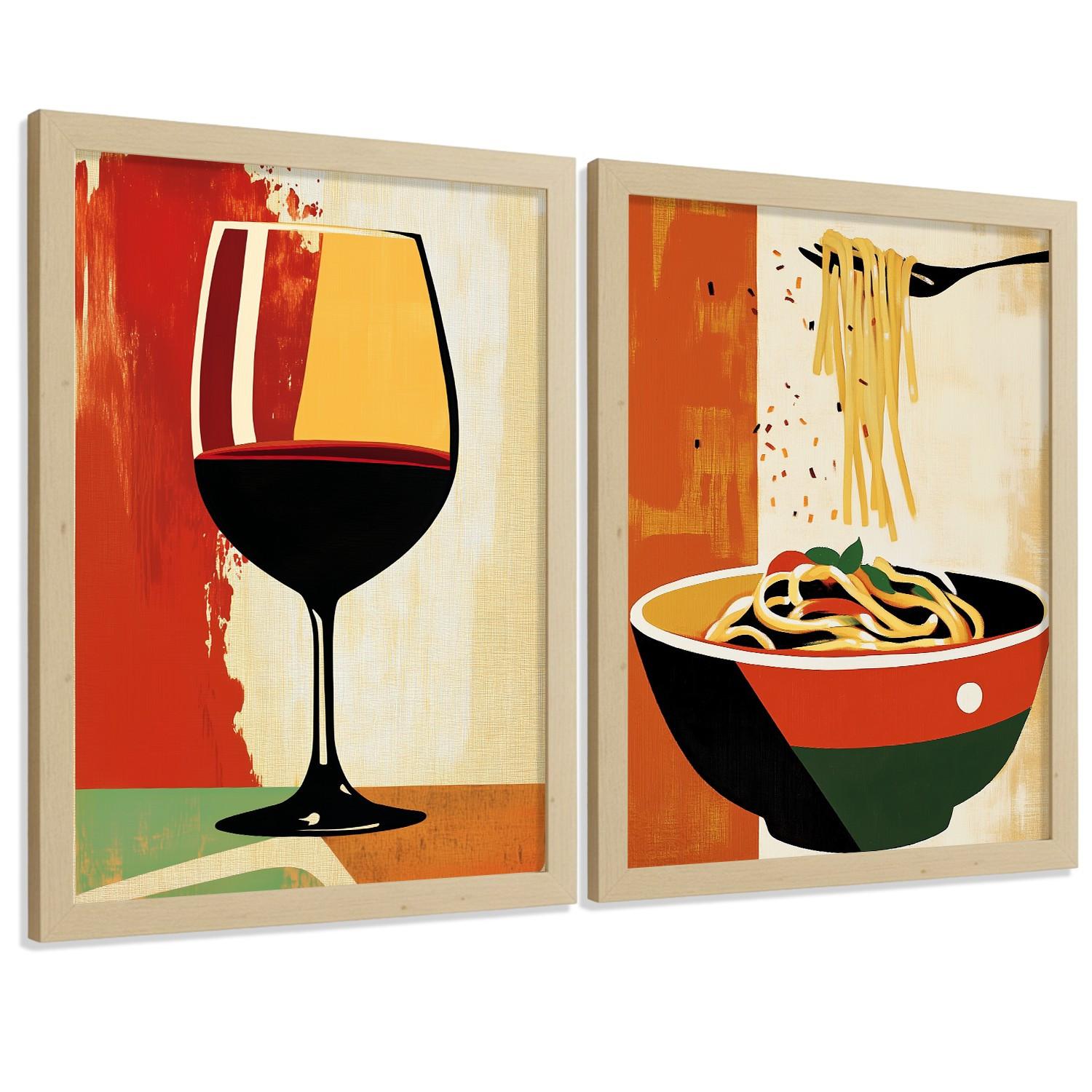 POSTER 2er Set Küchen-Wandbilder Rotwein und Pasta Vintage Retro Esszimmer Wanddeko Rahmenlos A4 - Klar, Papier (29.7/1/21cm) - Nacnic