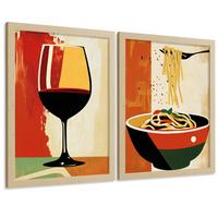 POSTER 2er Set Küchen-Wandbilder Rotwein und Pasta Vintage Retro Esszimmer Wanddeko Rahmenlos A4 - Klar, Papier (29.7/1/21cm) - Nacnic