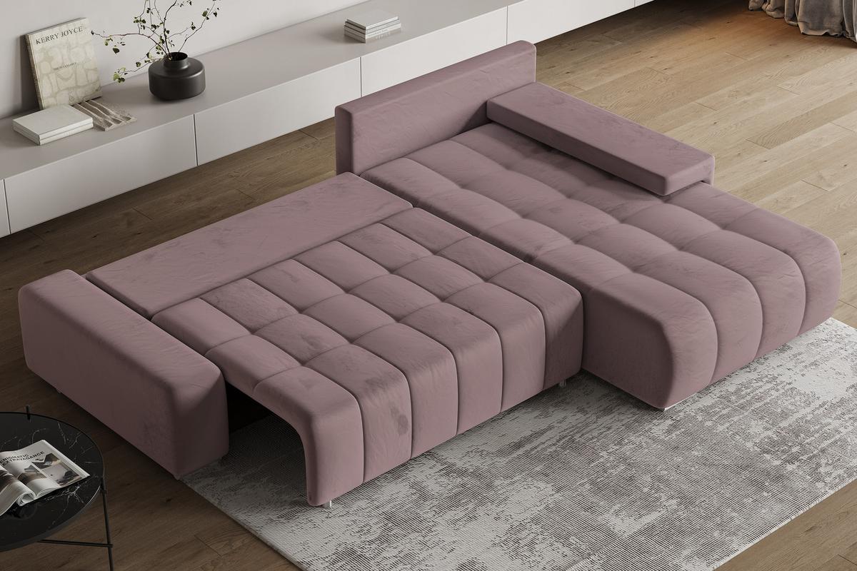 ECKSOFA ALESE R-S Lila Velours-Stoff mit Schlaffunktion - Lila/Silberfarben, Holz/Textil (265/185cm) - MASSENO
