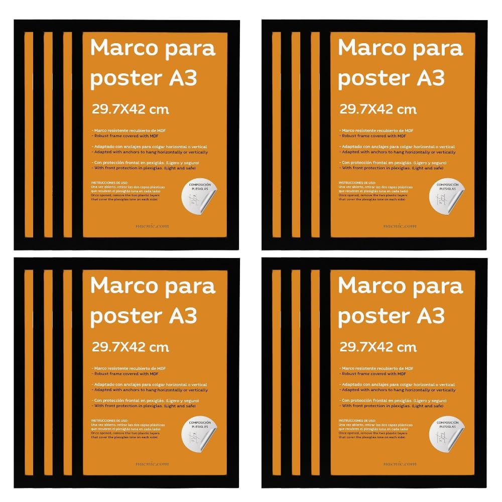 RAHMEN Set mit 12 aus MDF und Acrylglas Schutz und Aussteller für Fotografien, Bilder, Poster, Gemälde, Dekoration für Haus Farbe Schwarz A3 - Schwarz, Holz (29.7/3cm) - Nacnic