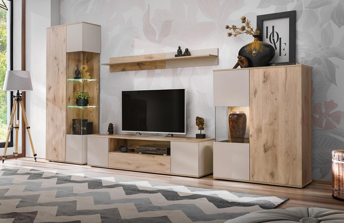WOHNWAND Eiche, Kaschmir 4-teilig 350 cm, Schrankwand inklusive Beleuchtung - Kaschmir/Eichefarben, Glas/Holzwerkstoff (350/197/45cm) - Inn.Furn