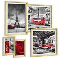 BILDER SET 5er Set - 50x50 cm & 20x30 cm & 40x60 cm Goldrahmen - Ikonische Städte London Paris Eisenbahn - Goldfarben, Kunststoff (40/60cm) - TULUP