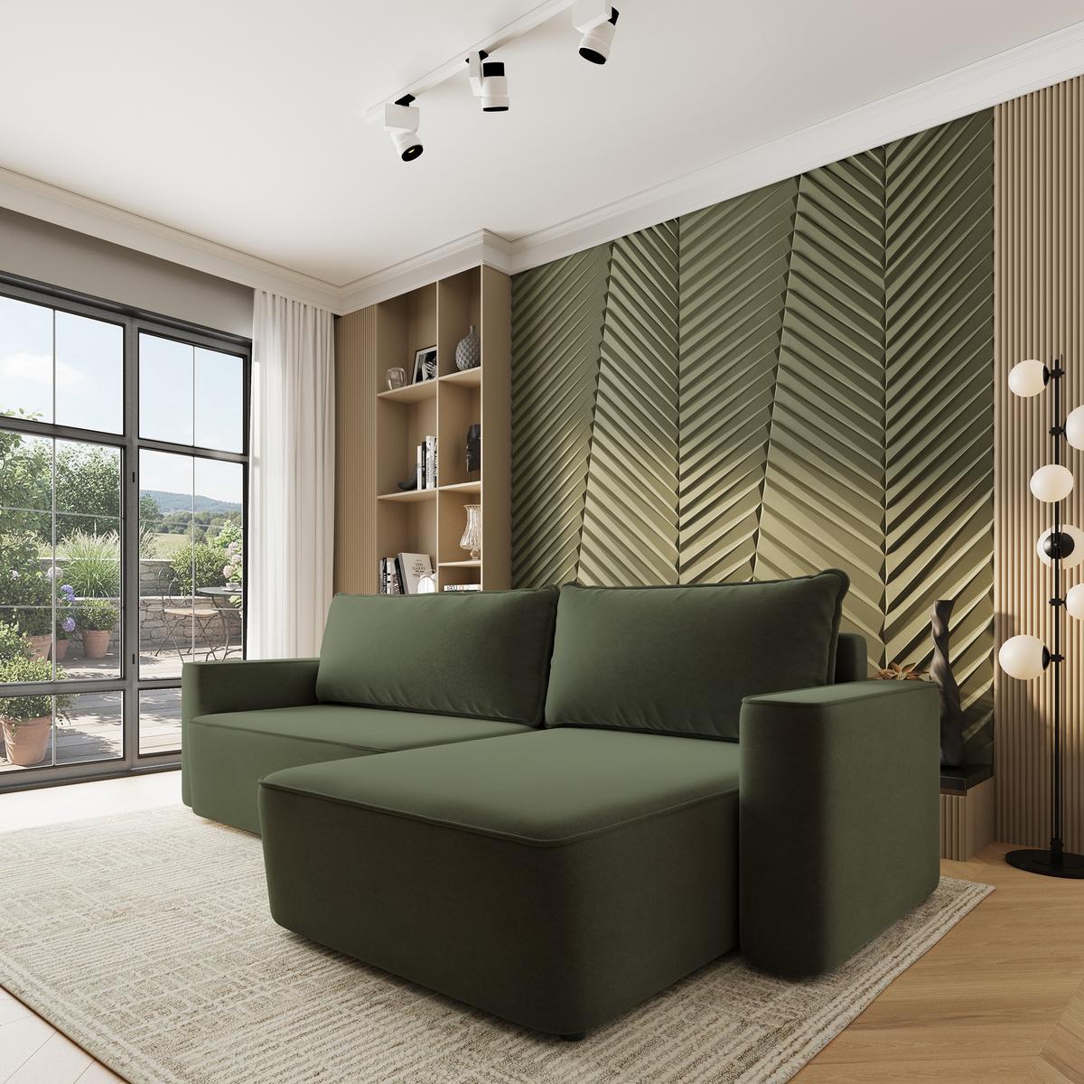 ECKSOFA BELARO CL Olivgrün Samtstoff mit Schlaffunktion - Olivgrün, Holzwerkstoff/Textil (280/162cm) - MASSENO