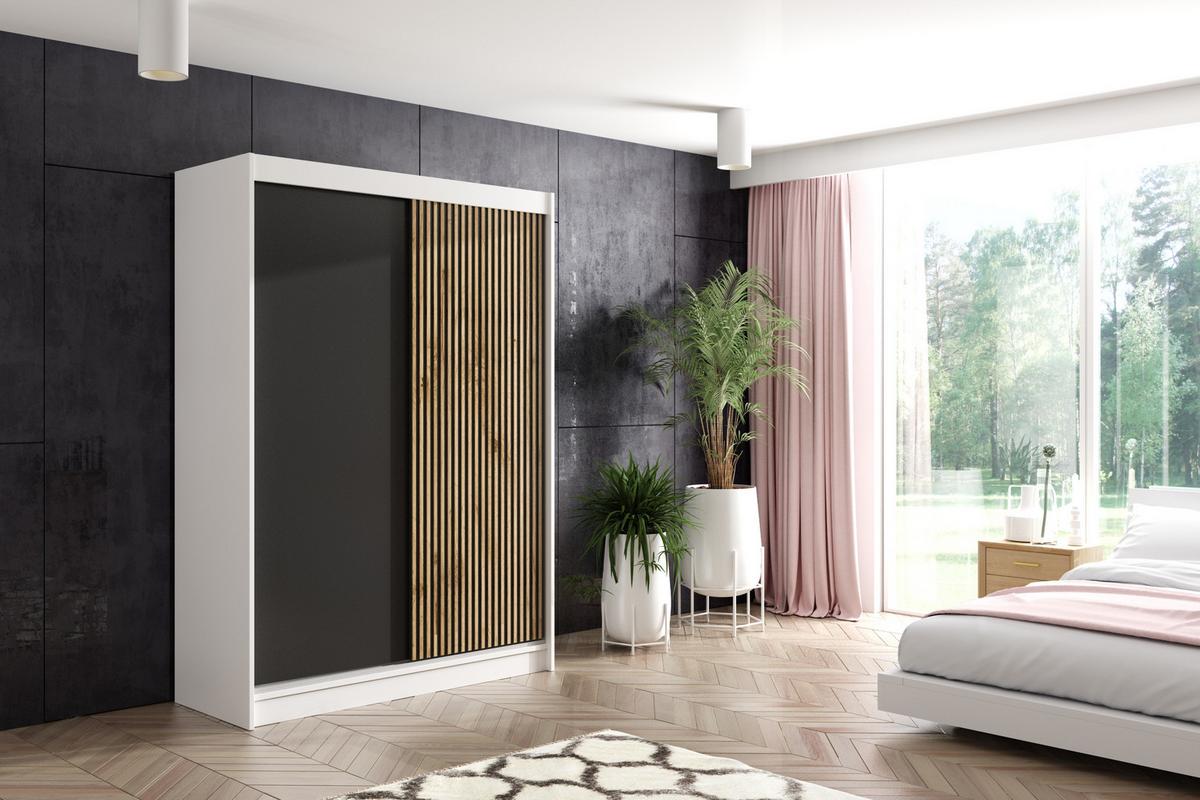 KLEIDERSCHRANK VILAN mit Lamel - 150 cm - Weiß|Eiche Wotan - Eiche Wotan/Weiß, Holzwerkstoff (150/215/61cm) - ALTDECOR