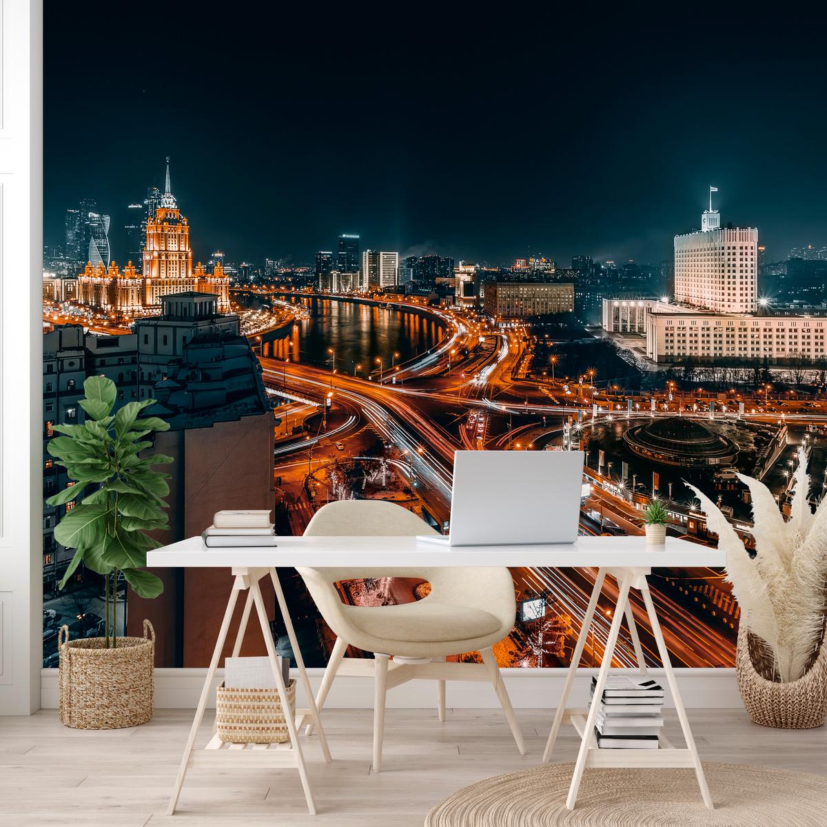 FOTOTAPETE für Wohnzimmer Moskau Nacht Panorama Metropole Straßen 100x70 - Beige/Schwarz, Papier (100/70cm) - Muralo