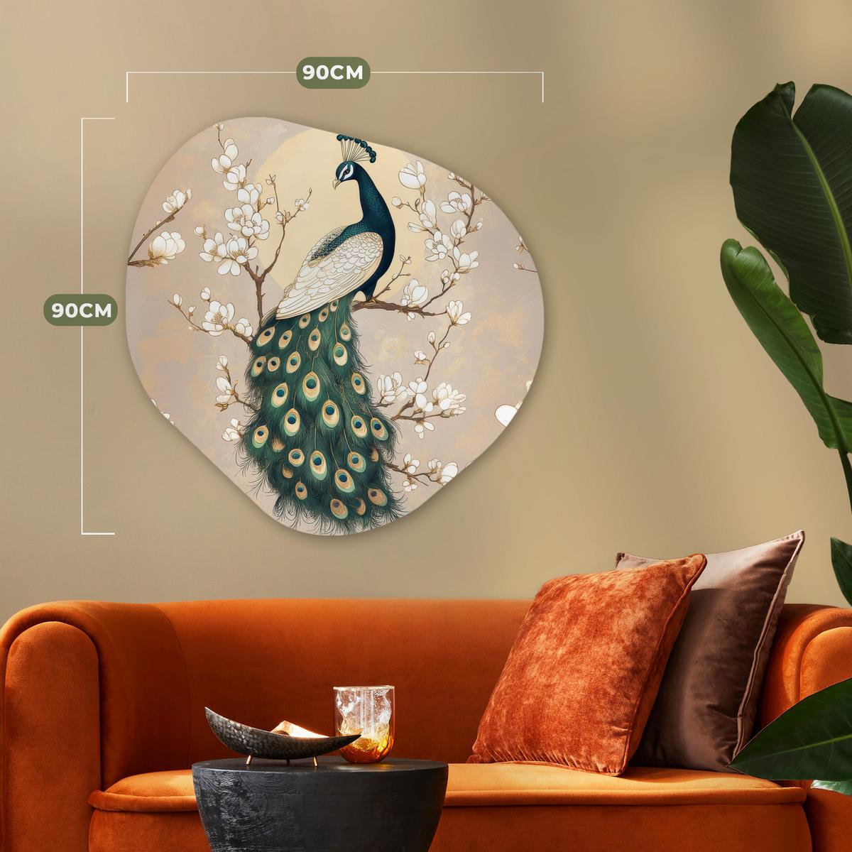 WANDBILD Pfau - Zweig - Blumen Room Decor 90x90 cm - Champagner, Kunststoff (90/90cm) - MuchoWow