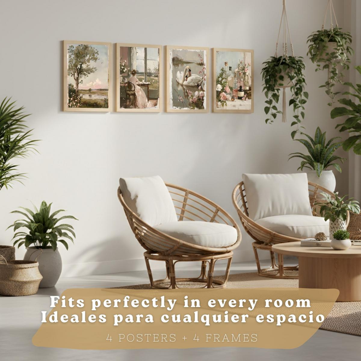 POSTER 4er Bilder-Set Wandbilder Rosen Ölmalerei modern Wohnzimmer Deko, Schlafzimmer, Küche, Badezimmer Leichter Holzrahmen A3 - Beige, Papier (29.7/1/42cm) - Nacnic