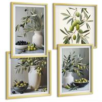 BILDER SET 4er Set - 50x50 cm & 40x60 cm Goldrahmen - Oliven in grauen Vasen - Goldfarben, Kunststoff (50/50cm) - TULUP