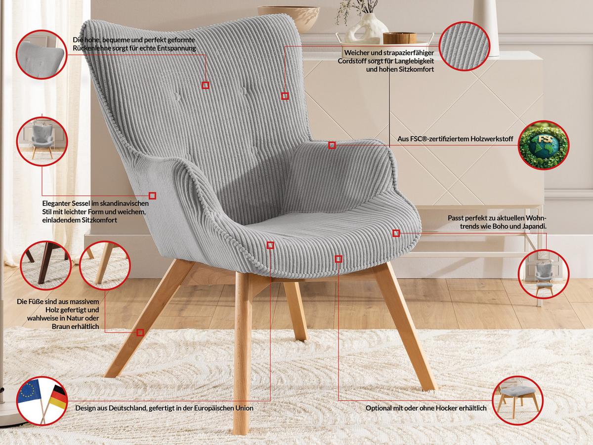 LOUNGESESSEL Lenari Hellgrau Cordstoff mit Füßen in Natur - Hellgrau/Naturfarben, Holz/Textil (71/96/86cm) - S-Style Möbel