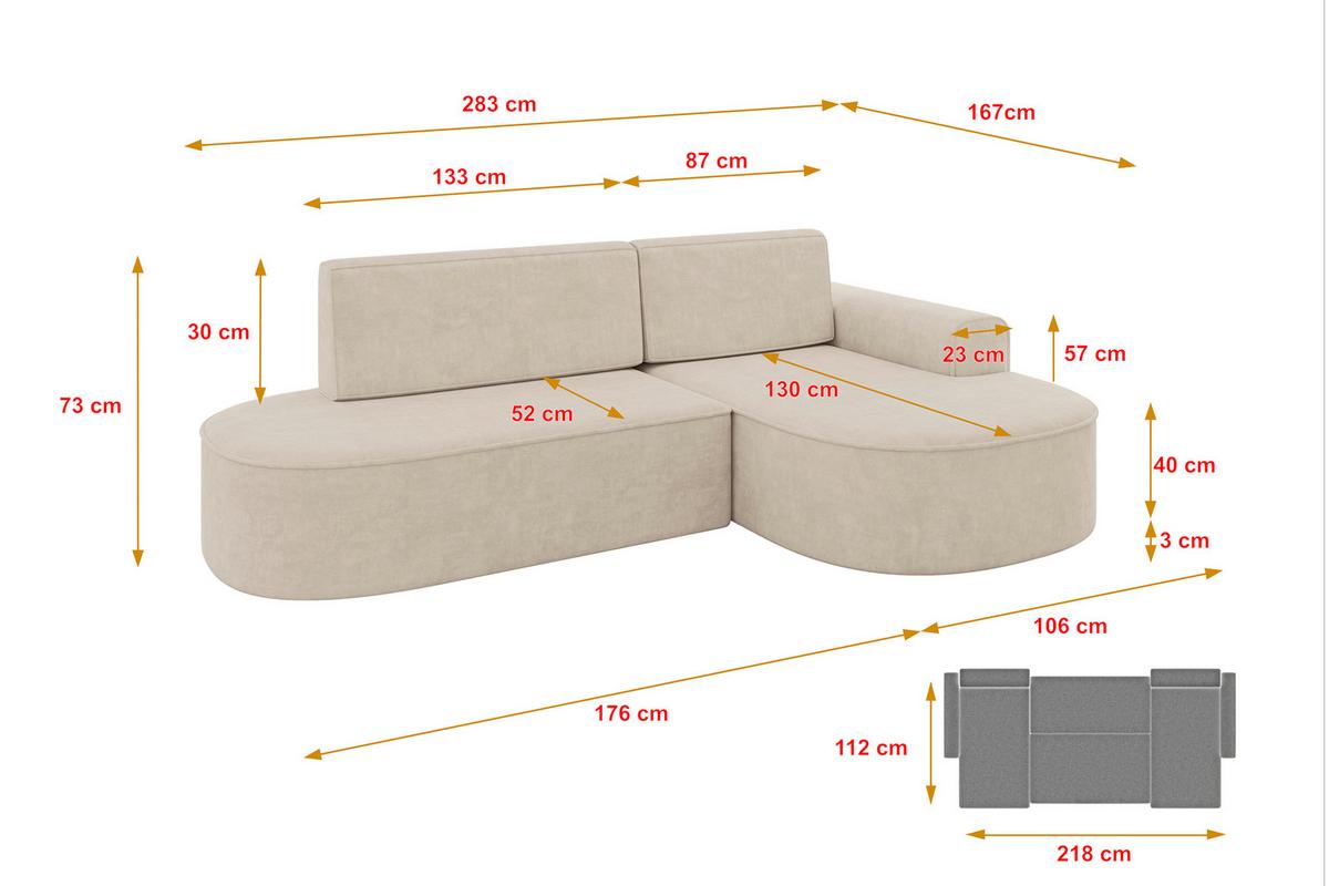 ECKSOFA mit Schlaffunktion und Bettkasten Ottomane Rechts MARI-L1-S - 283x167x73 cm Beige Velours - Sandfarben/Schwarz, Holzwerkstoff/Kunststoff (167/283cm) - ALTDECOR