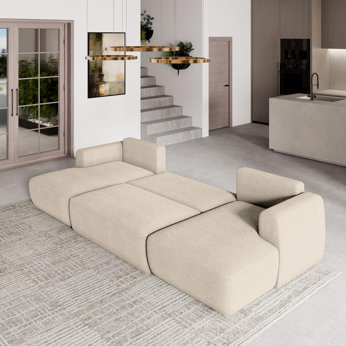 WOHNLANDSCHAFT SENTUM N Creme Boucle-Stoff mit Schlaffunktion - Creme/Schwarz, Holz/Kunststoff (330/90/148cm) - MASSENO