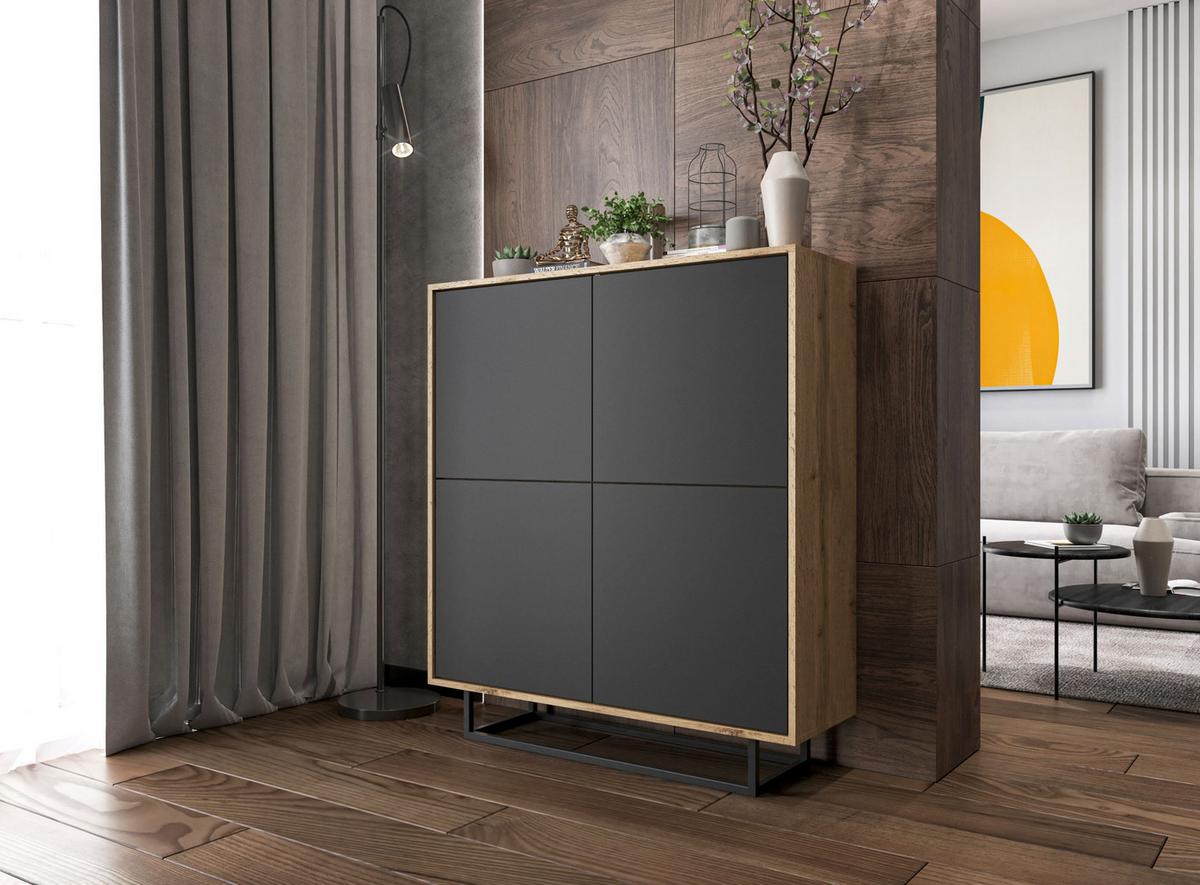 KOMMODE Apollo 4D Eiche wotan Graphit Matt 113 cm - Graphitfarben/Schwarz, Holzwerkstoff/Metall (113/127/35cm) - Meble Lindner