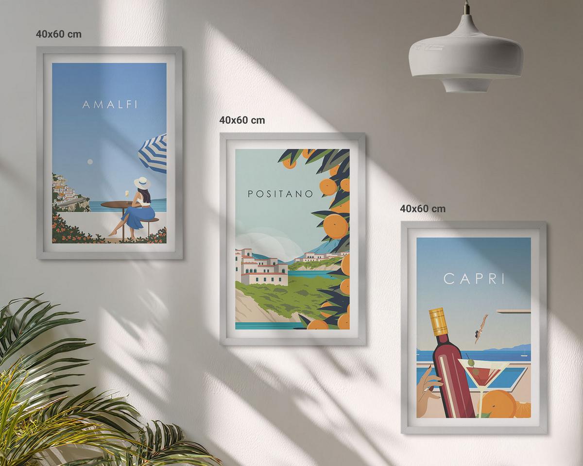 BILDER SET 3er Set - 40x60 cm Silberner Rahmen - Amalfi, Positano und Capri - Silberfarben, Kunststoff (40/60cm) - TULUP