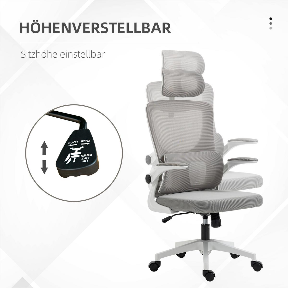 BÜROSTUHL Ergonomisch, Schreibtischstuhl mit Verstellbar Armlehne, Mesh, Grau - Grau, Textil (59/122/60cm) - Vinsetto