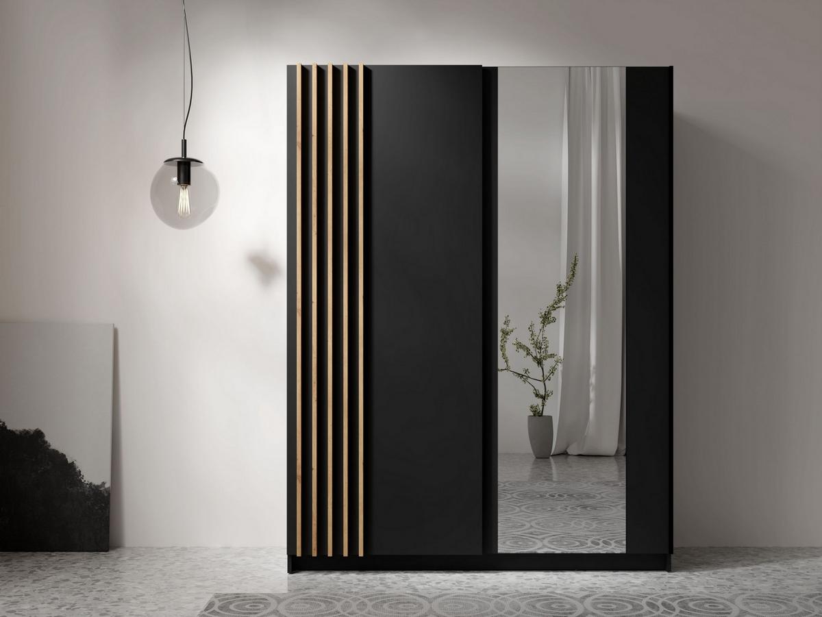 SCHWEBETÜRENSCHRANK RANOR 150,6/198,5/62cm 2-türig mit Spiegel Schwarz - Schwarz/Eiche Artisan, Holzwerkstoff (150.6/198.5/62cm) - MASSENO