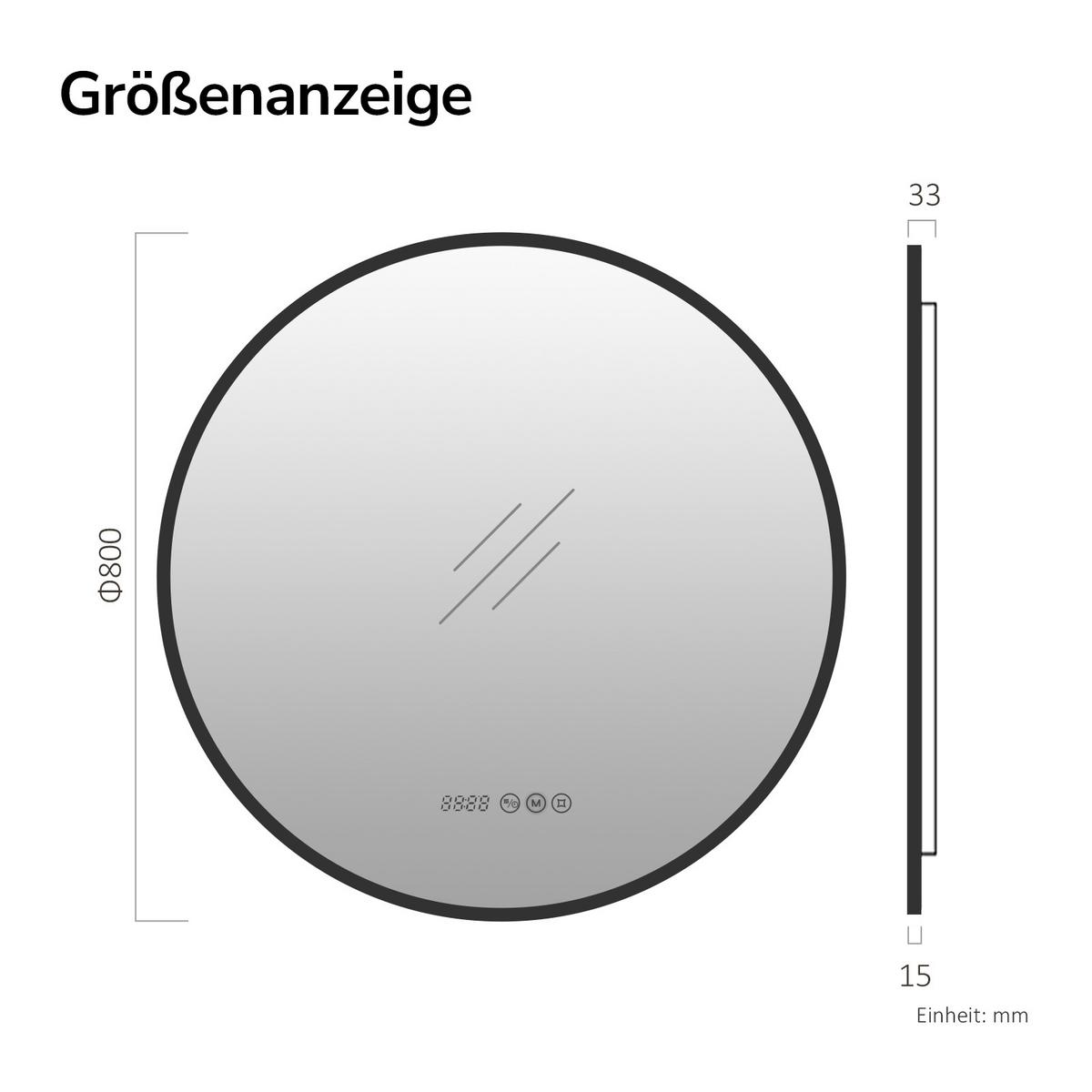 BADSPIEGEL mit LED-Beleuchtung, Anti-Beschlag-Funktion und Uhrzeitanzeige, Schwarz Ø 80 cm - Schwarz, Glas (80/80/3.3cm) - EMKE