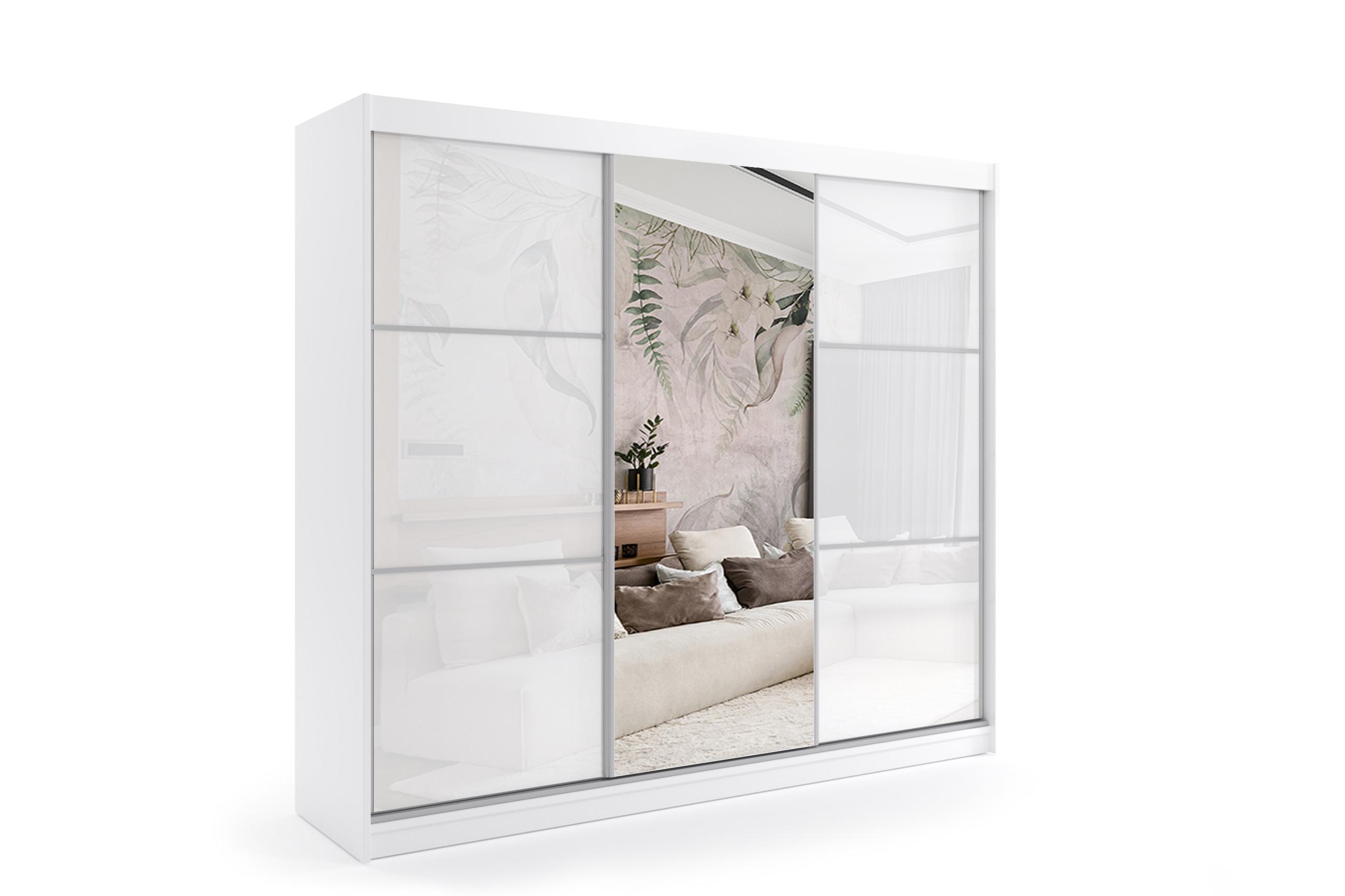 KLEIDERSCHRANK mit Spiegel-Schiebetüren und Aluminium-Leisten - VIVONA - 240 cm Weiß - Weiß, Holzwerkstoff (240/216/61cm) - ALTDECOR