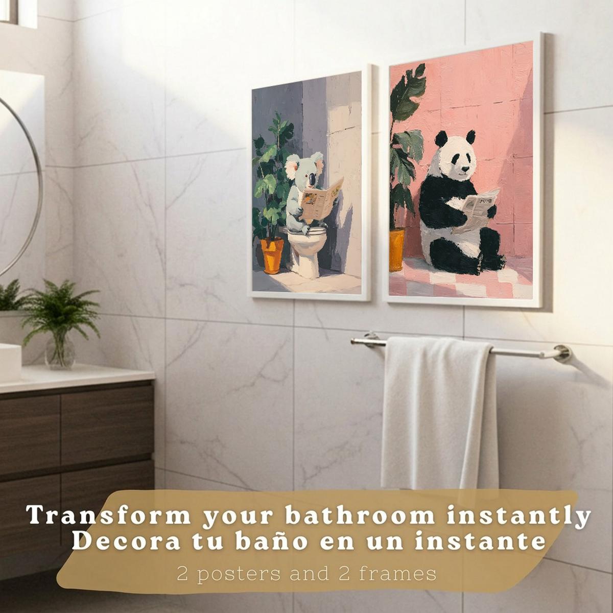 POSTER 2er-Set dekorative Badezimmer-Kunstdrucke und lustige für Wand, Waschbecken, Toilette mit lesenden Tieren im Badezimmer, Stil Weißer Rahmen A4 - Weiß, Papier (29.7/21/3cm) - Nacnic