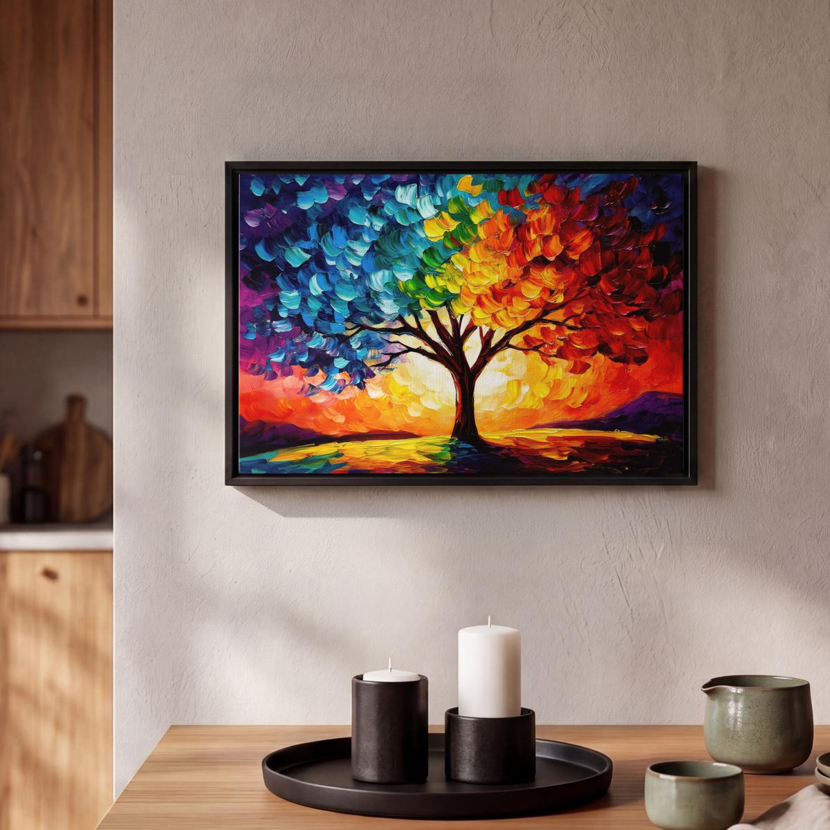 LEINWAND Bilder mit Rahmen - Baum - Kunst - Natur - Sonnenuntergang - 30x20 - Multicolor, Textil (30/20cm) - MuchoWow