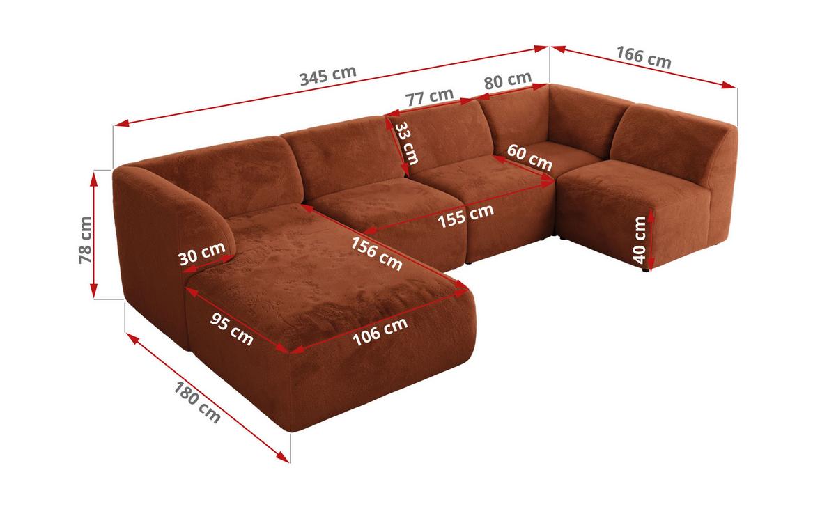 WOHNLANDSCHAFT MODARO U 5M - Orange Plüsch - Links - Schwarz/Orange, Textil (180/78/345cm) - MKS