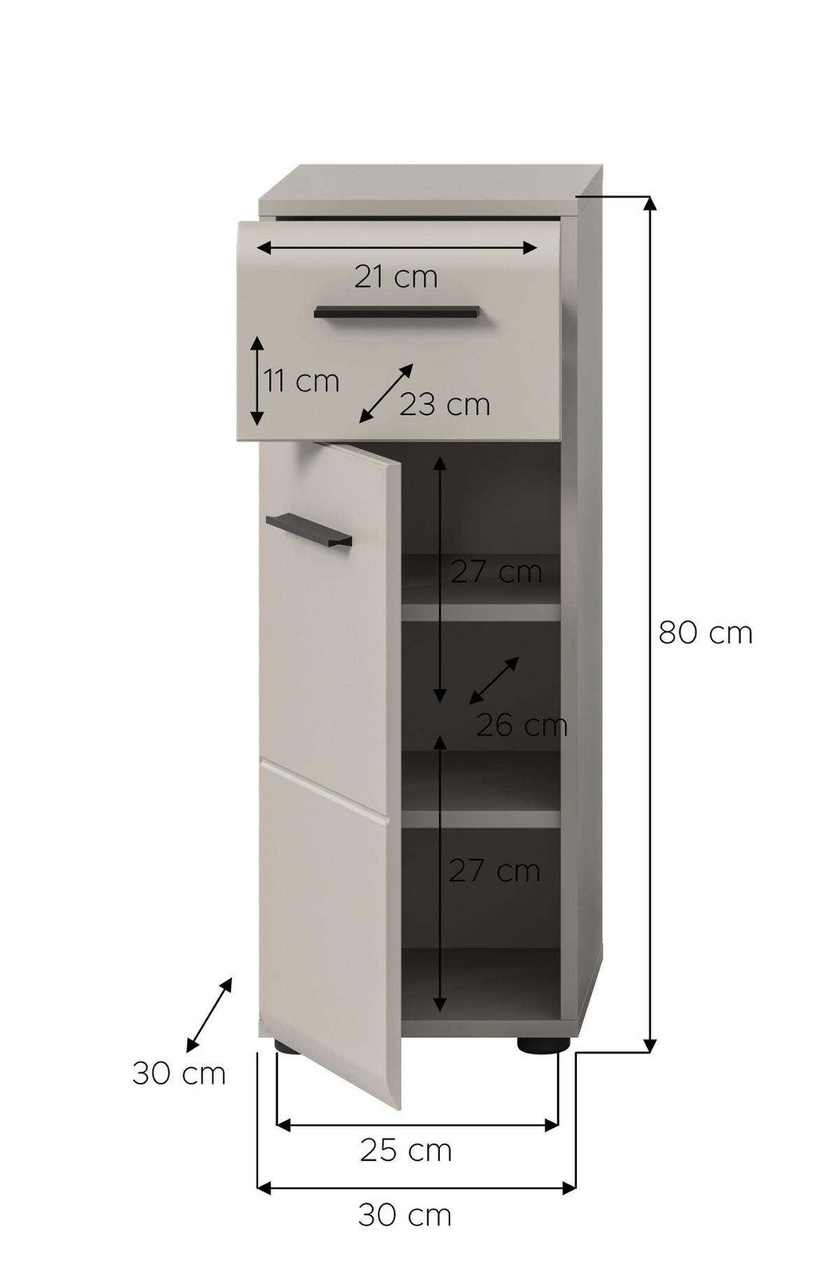 BADKOMMODE Kaschmir 30 x 80 cm, Badschrank mit Vollauszug-Schubkasten - Kaschmir/Schwarz, Holzwerkstoff/Kunststoff (30/80/30cm) - Inn.Furn