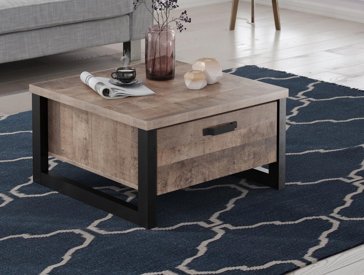 COUCHTISCH Eiche Tabak, schwarz 80 x 80 cm quadratisch, Beistelltisch mit 2x Schubkasten - Eichefarben/Schwarz, Holzwerkstoff/Kunststoff (80/80/45cm) - Top.Furn