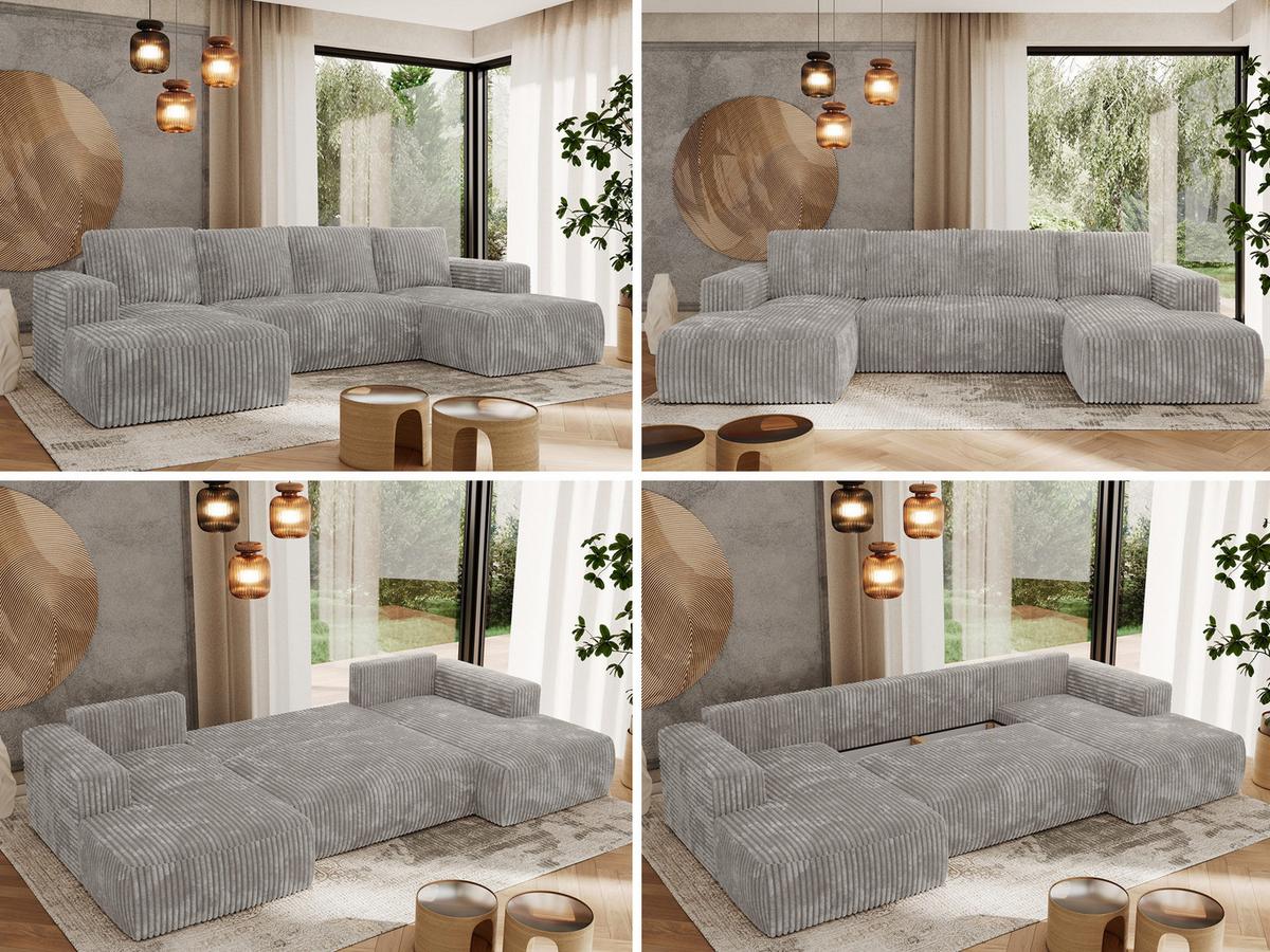 WOHNLANDSCHAFT TRENTINO U Hellgrau Cord - Hellgrau/Schwarz, Kunststoff/Textil (334/91/163cm) - MKS