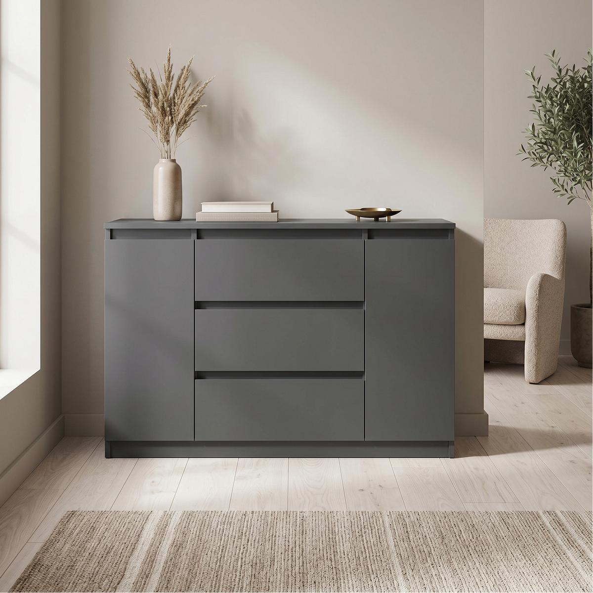 KOMMODE NUDO 120/78,5/39cm mit 3 Schubladen 2 Türen Anthrazit - Anthrazit, Holzwerkstoff (120/78.5/39cm) - MASSENO