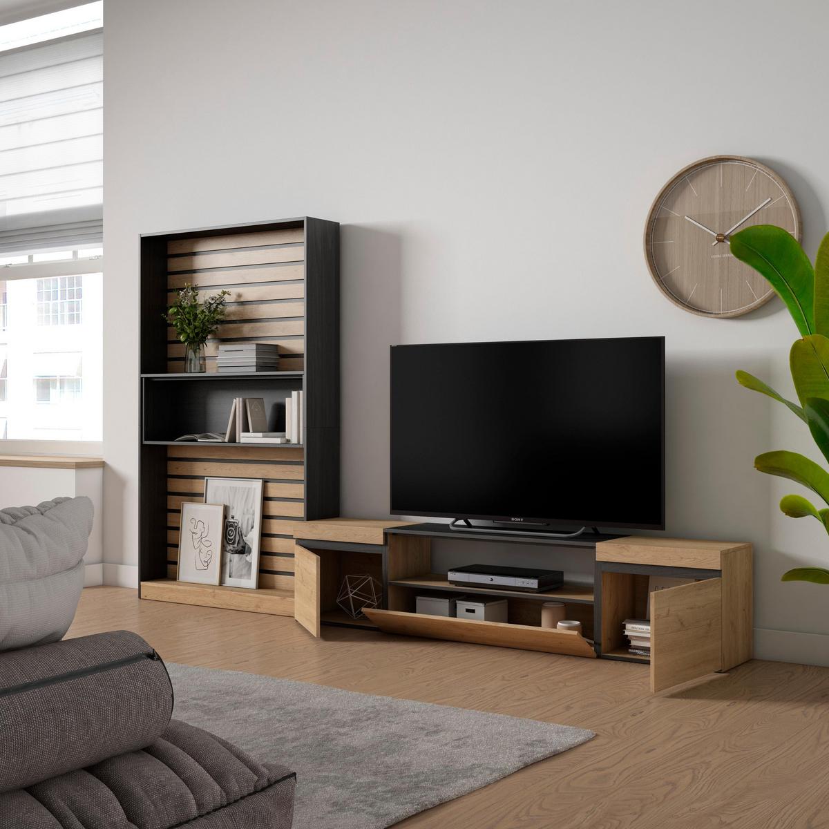 WOHNWAND Wohnzimmer, eiche, schwarz, 310/35/186cm - Eichefarben/Beige, Holzwerkstoff (310/186/35cm) - Skraut Home