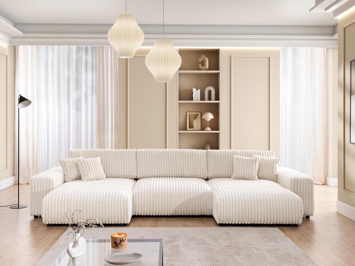 WOHNLANDSCHAFT Mollis Hellbeige Plüschcord mit Schlaffunktion - Beige/Schwarz, Holz/Kunststoff (350/77/168cm) - S-Style Möbel