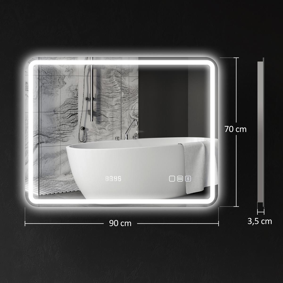 BADEZIMMERSPIEGEL mit LED-Beleuchtung, Anti-Beschlags-Pad, 3 verstellbare Farben - Silberfarben, Glas (3.5/70/90cm) - HOMCOM