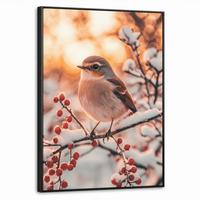 LEINWAND Bilder mit Rahmen - Vogel - Zweig - Winter - Tiere - Schnee - 50x70 - Bernsteinfarben, Textil (50/70cm) - MuchoWow