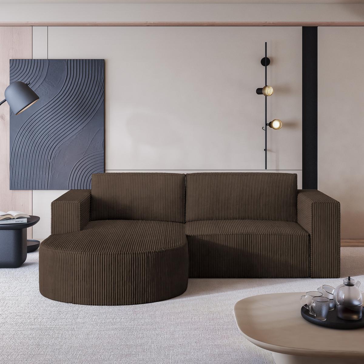 ECKSOFA SORELA P L-S Braun Kordstoff mit Schlaffunktion - Braun, Holz (263/174cm) - MASSENO