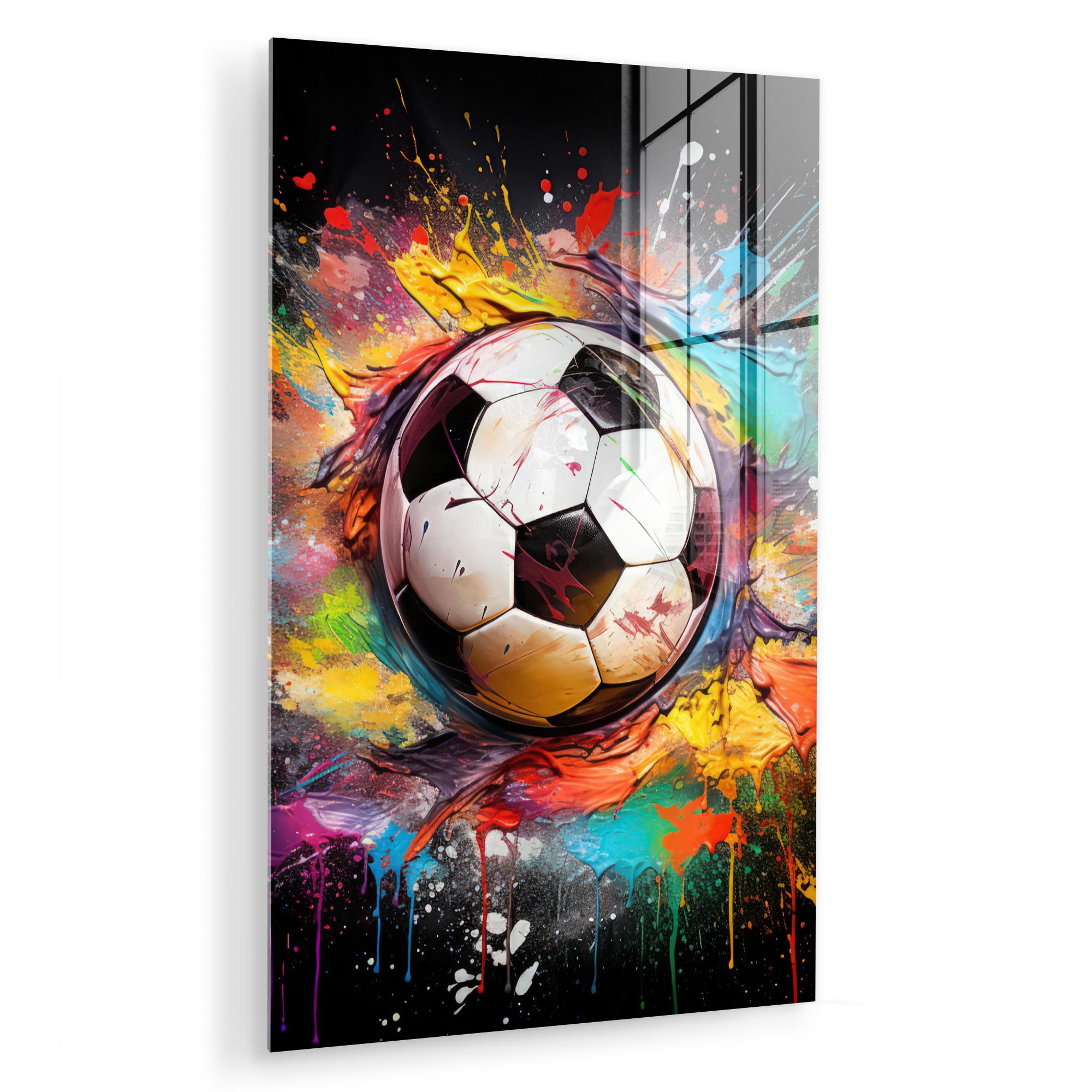 ACRYLGLASBILD Fußball - Farbe - Farben - Schwarz - Weiß Wandbild 60x90 cm - Weiß, Glas (60/90cm) - MuchoWow
