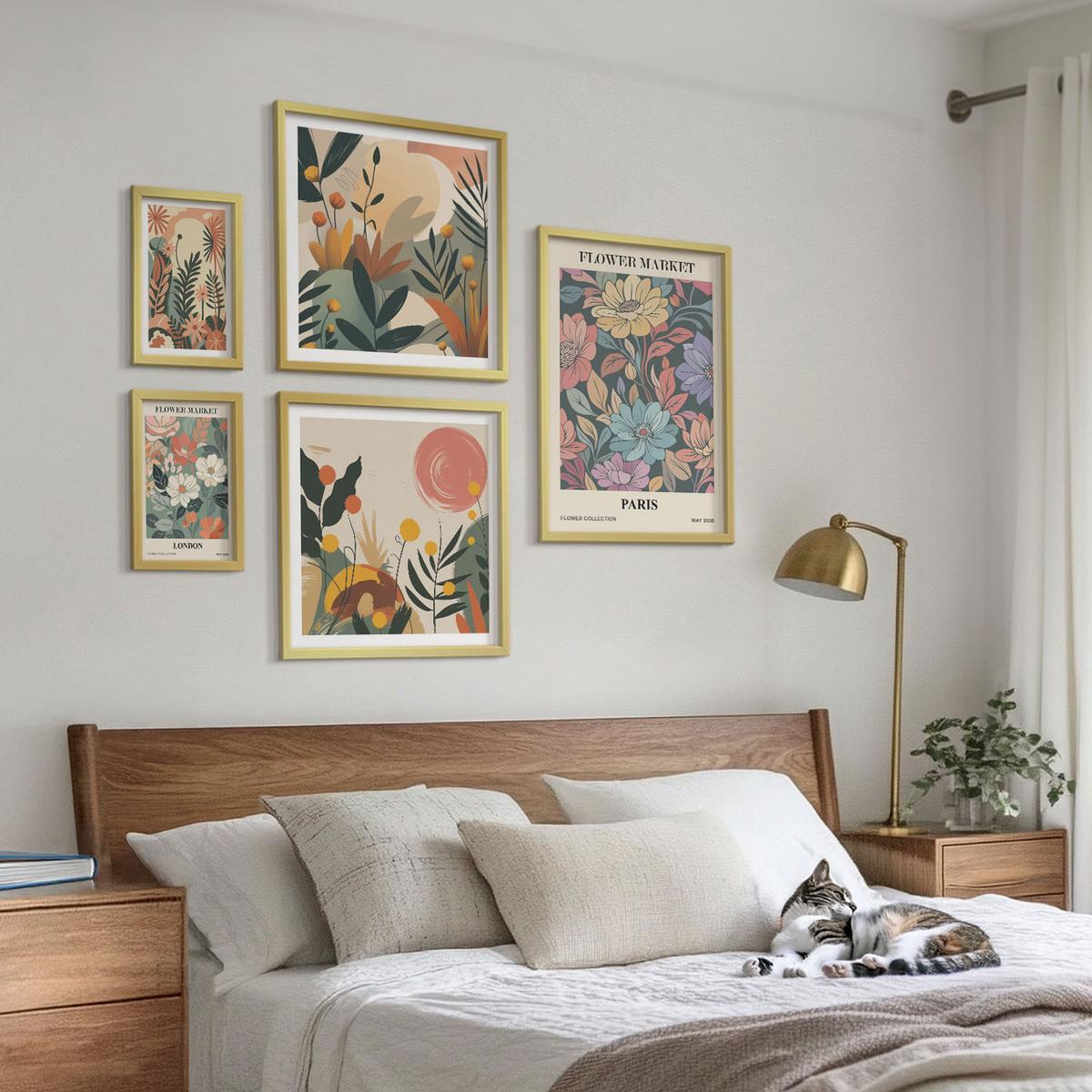 BILDER SET 5er Set - 50x50 cm & 20x30 cm & 40x60 cm Goldrahmen - Blumenposter Weinstadt - Goldfarben, Kunststoff (40/60cm) - TULUP