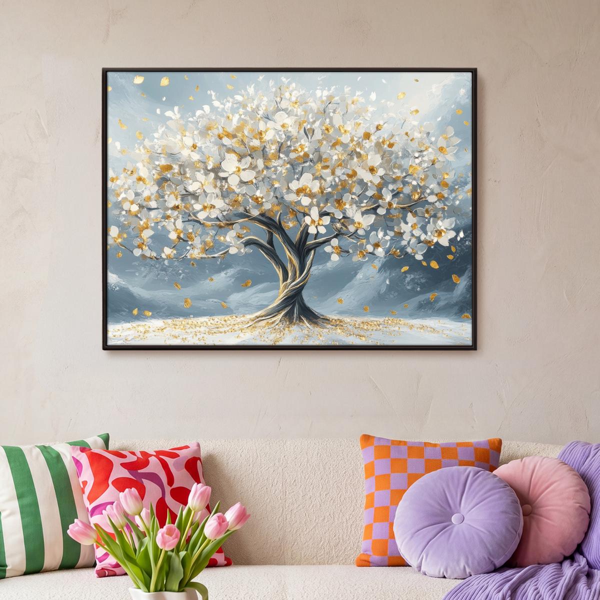 LEINWAND Bilder mit Rahmen - Baum - Winter - Baum des Lebens - Modern - Gold - 100x70 - Goldfarben, Textil (100/70cm) - MuchoWow