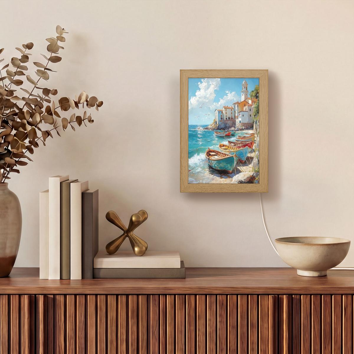 WANDLEUCHTE Boote - Felsen - Meer - Sonne 15x20 cm - Blau, Holzwerkstoff (15/20/8cm) - OnlyWow