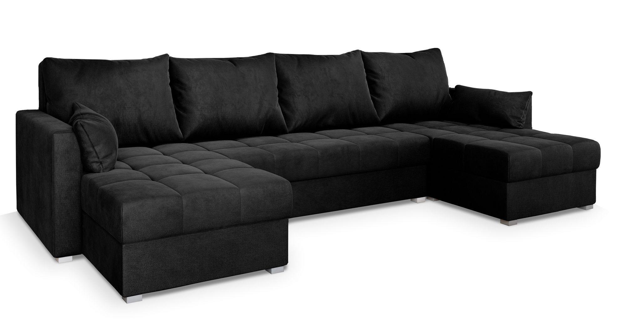 WOHNLANDSCHAFT NAKO M Schwarz Velours-Stoff mit Schlaffunktion - Schwarz/Grau, Holz/Kunststoff (285/85/140cm) - MASSENO