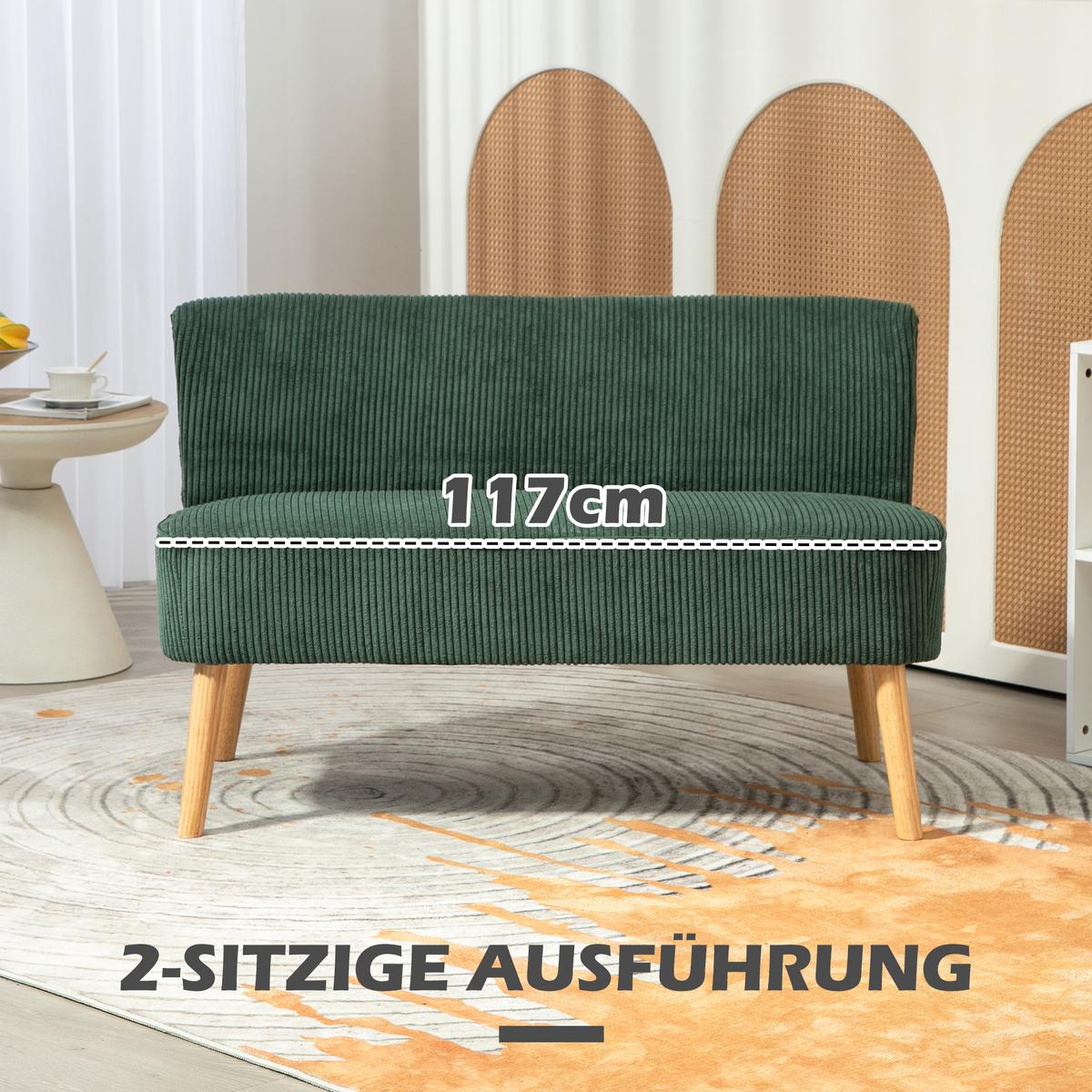 2 Sitzer Sofa, Gepolsterte Couch mit Kordoptik, Holzbeine für Wohnzimmer, Grün - Waldgrün/Naturfarben, Holz/Textil (56.5/77/117cm) - HOMCOM