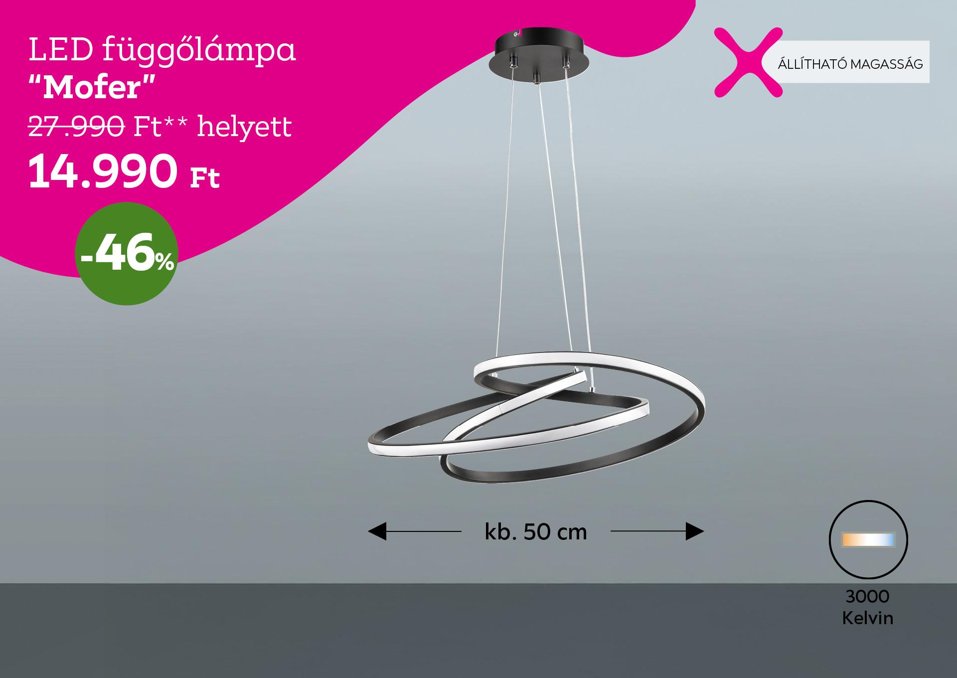 LED függőlámpa MOFER 27990 Forint helyett 14990 Forint, kedvezmény mértéke 46%