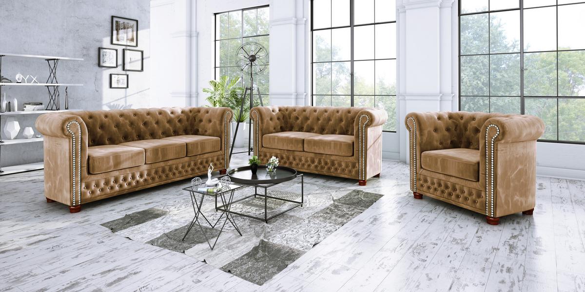 CHESTERFIELD-SOFA 2-sitzer Lauren Beige Samt - Beige/Braun, Holz/Textil (148/72/86cm) - S-Style Möbel