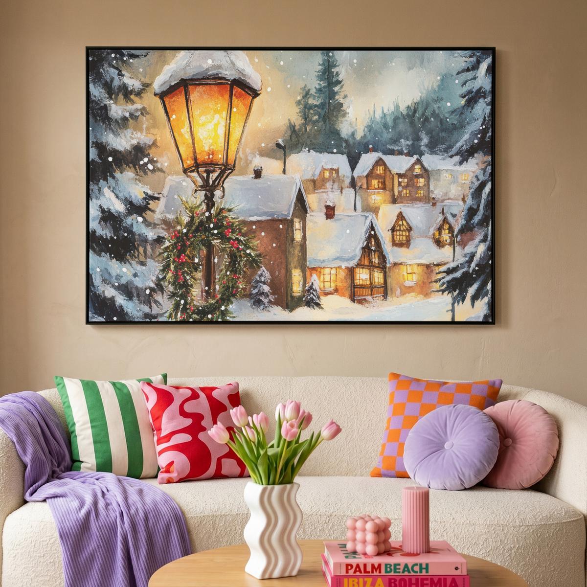 LEINWAND Bilder mit Rahmen - Weihnachtsdorf - Häuser - Schnee - Weihnachten - 140x90 - Sandfarben, Textil (140/90cm) - MuchoWow