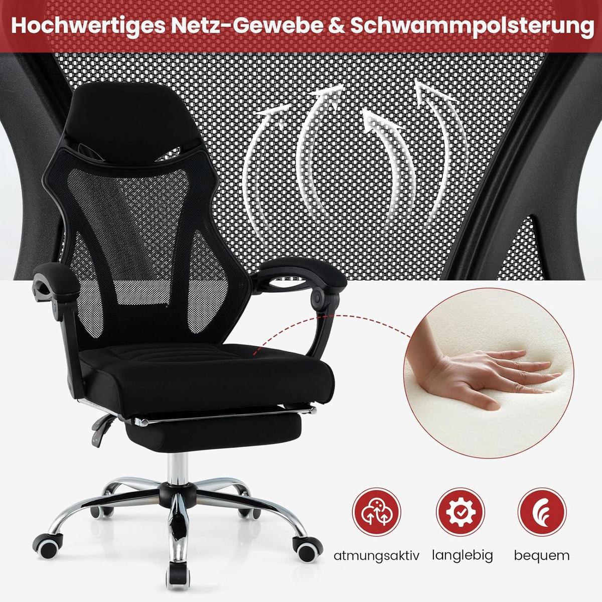 BÜROSTUHL Schwarz - Schwarz, Textil (70/116.5/68cm) - COSTWAY